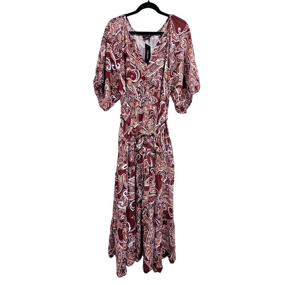 NWT Women's Plus Size 18 Paisley Charm Maxi Dress Marsala Red Puff Sleeve Boho - Picture 2 of 13